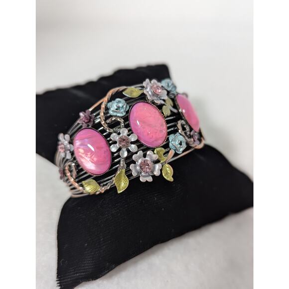 Cuff bracelet S/M pink cabochons Ename,l rhinestones see photos for measurements - Picture 4 of 13